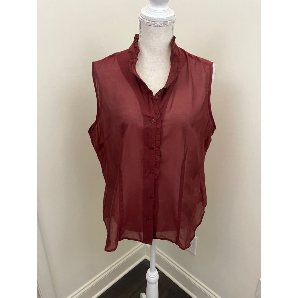 George Maroon Sleeveless Sheer Button Up Ruffle Neck Top Size XL